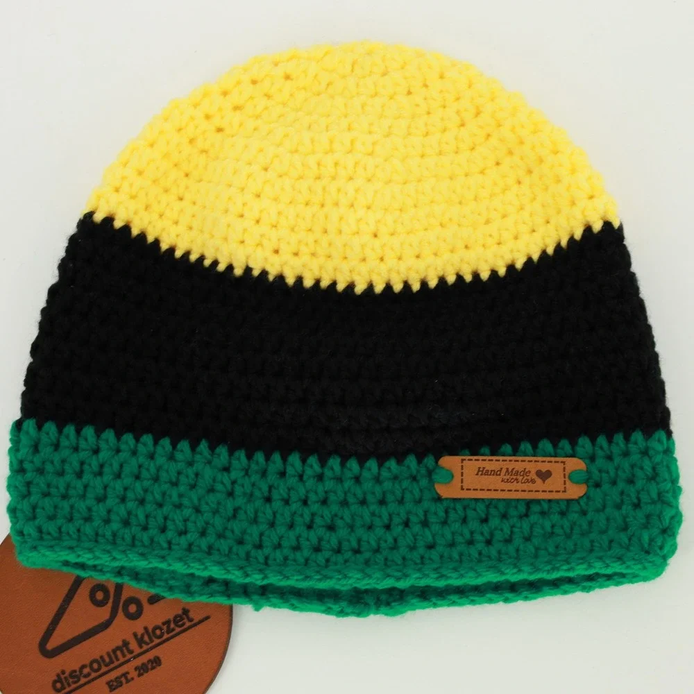 Handmade Crochet Beanie Yellow Black Green Tri-Color Knit Unisex Jamaica